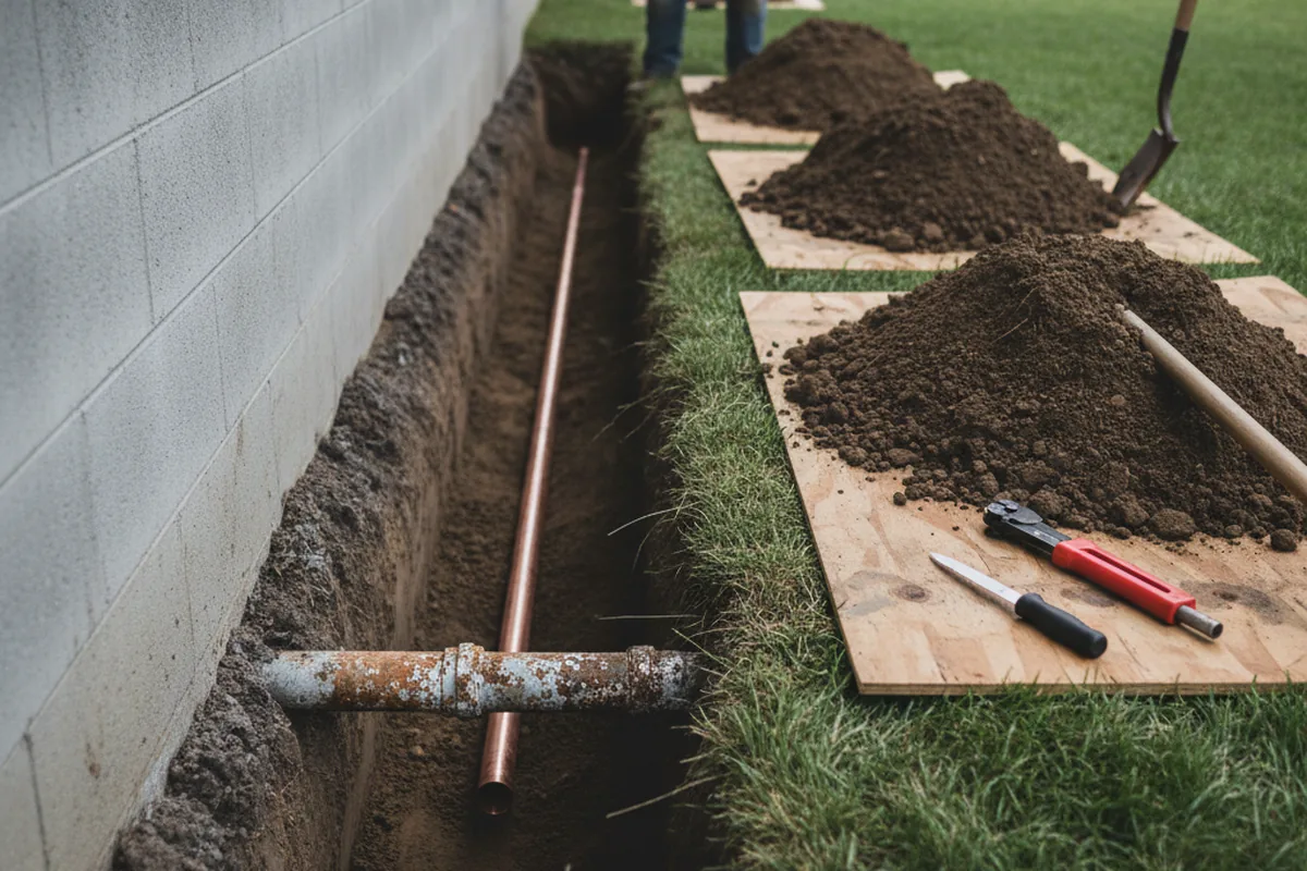 Excavated water line trench during Water Softener Installation in Pegram